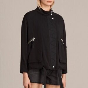 AllSaints Women’s Victoria Black Moto Bomber Jacket Size Small Lightweight